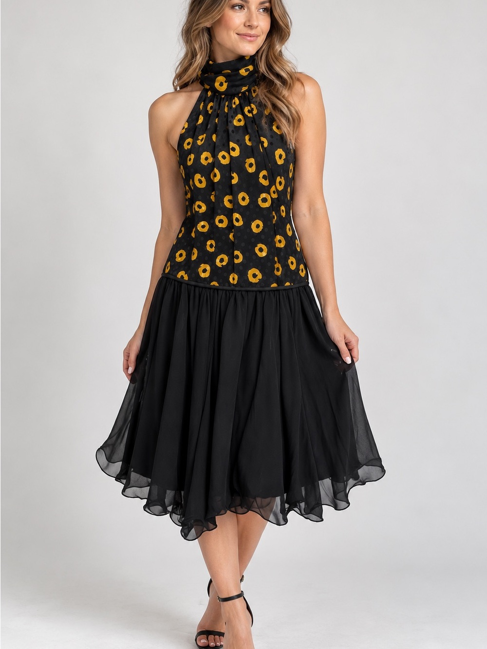 Sleeveless Black & Mustard Halter Midi Dress